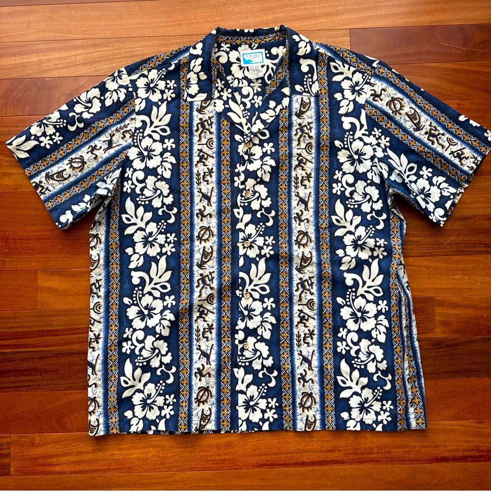 Vintage Pride of Hawaii 80’s floral Hawaiian button up shirt size XL blue white